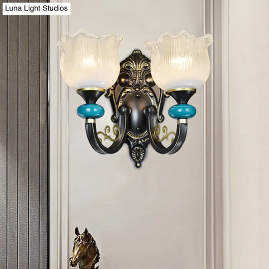 Antiqued Black Opal Ribbed Glass Floral Sconce Light Fixture - Wall Mounted Lamp