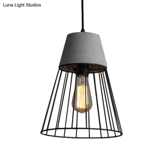 Antiqued Black/Rose Gold Conic Cage Ceiling Light With Cement Top - Pendant Lamp Fixture