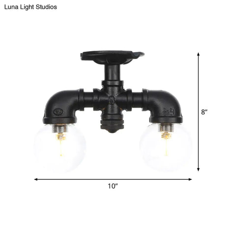 Antiqued Black Semi Mount Lighting With Clear Glass - 2 - Light Sphere Flush Mounted Lamp