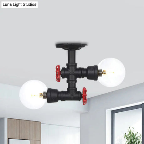Antiqued Black Semi Mount Lighting With Clear Glass - 2 - Light Sphere Flush Mounted Lamp