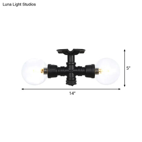 Antiqued Black Semi Mount Lighting With Clear Glass - 2 - Light Sphere Flush Mounted Lamp