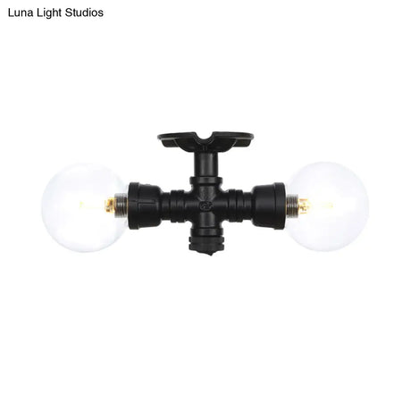 Antiqued Black Semi Mount Lighting With Clear Glass - 2 - Light Sphere Flush Mounted Lamp