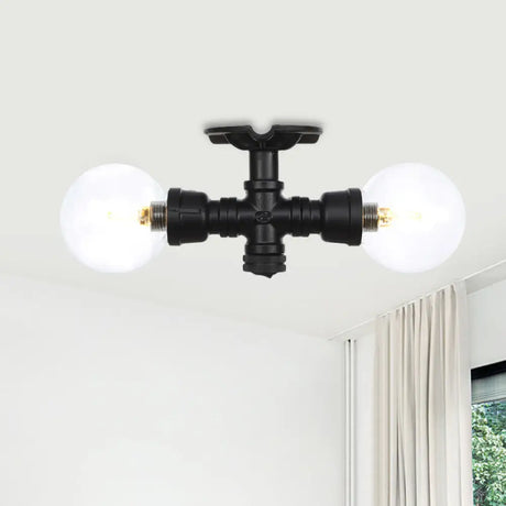 Antiqued Black Semi Mount Lighting With Clear Glass - 2 - Light Sphere Flush Mounted Lamp / A