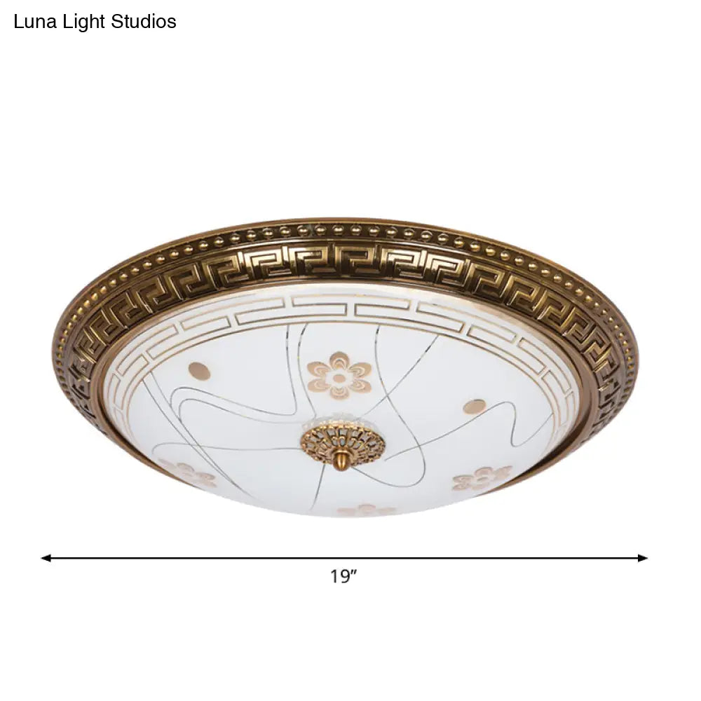 Antiqued Bowl Shade Glass Flush Mount Lamp In Gold With Led 12.5’/15’/19’ Width And Warm/White Light