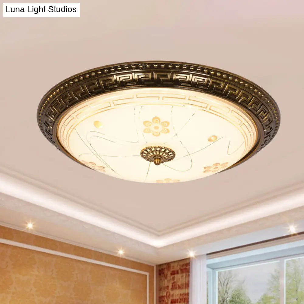 Antiqued Bowl Shade Glass Flush Mount Lamp In Gold With Led 12.5/15/19 Width And Warm/White Light