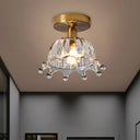 Antiqued Brass Fluted Glass Semi Mount Ceiling Light With Inverted Crown Design