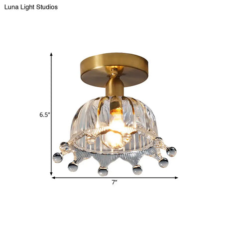 Antiqued Brass Fluted Glass Semi Mount Ceiling Light With Inverted Crown Design