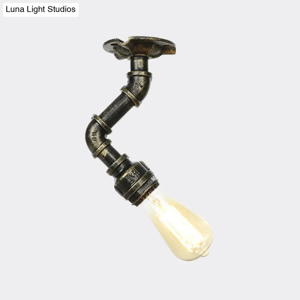 Antiqued Bronze Metal Flush Ceiling Lamp With 1 Exposed Bulb