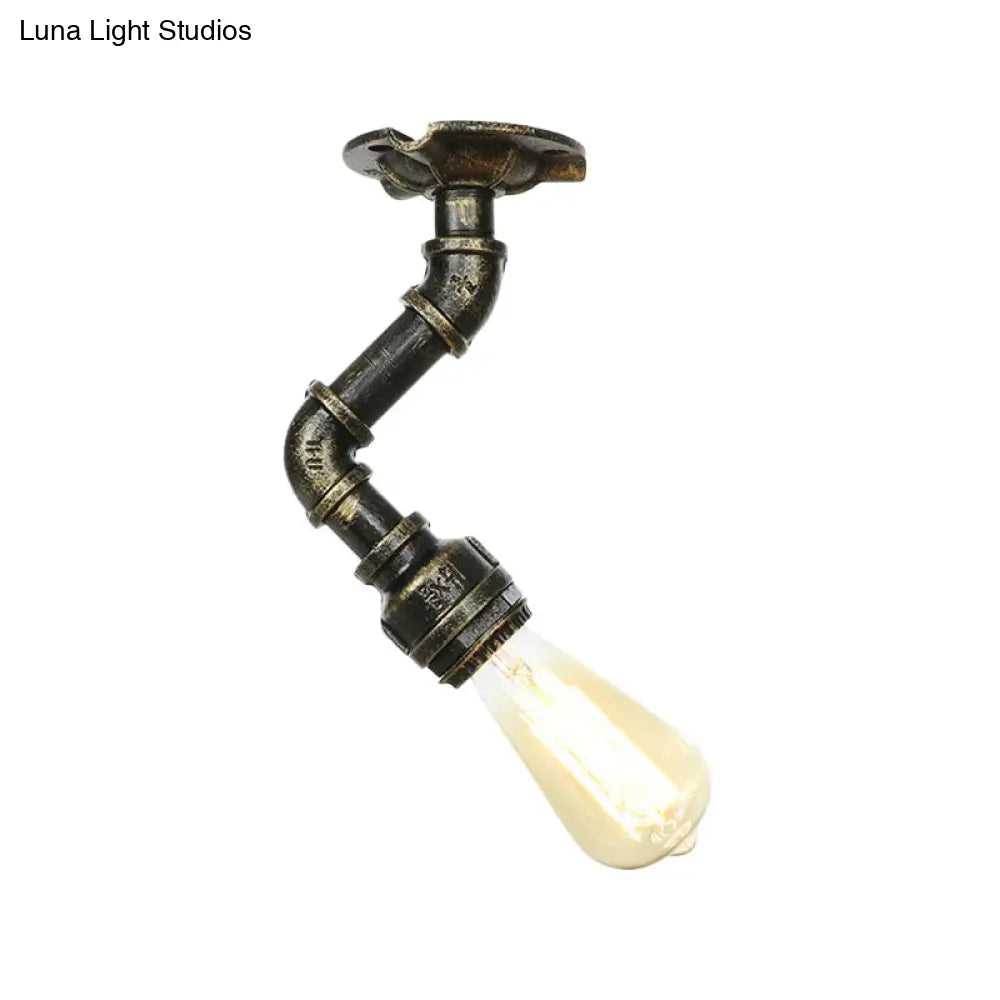 Antiqued Bronze Metal Flush Ceiling Lamp With 1 Exposed Bulb