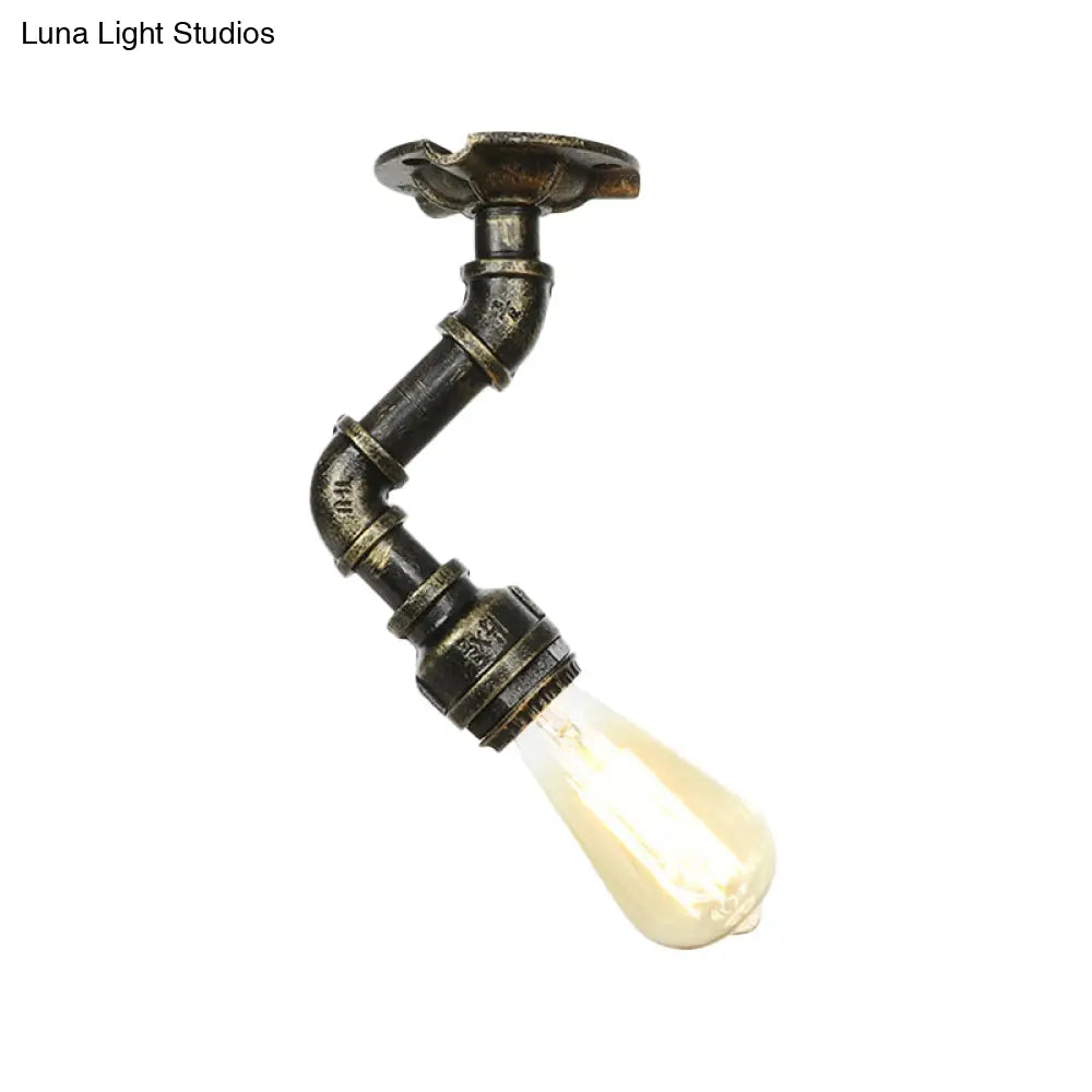Antiqued Bronze Metal Flush Ceiling Lamp With 1 Exposed Bulb