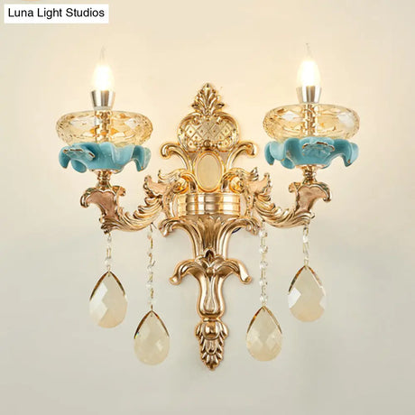 Antiqued Candlestick Wall Lamp With Crystal Sconce Light Fixture In Gold
