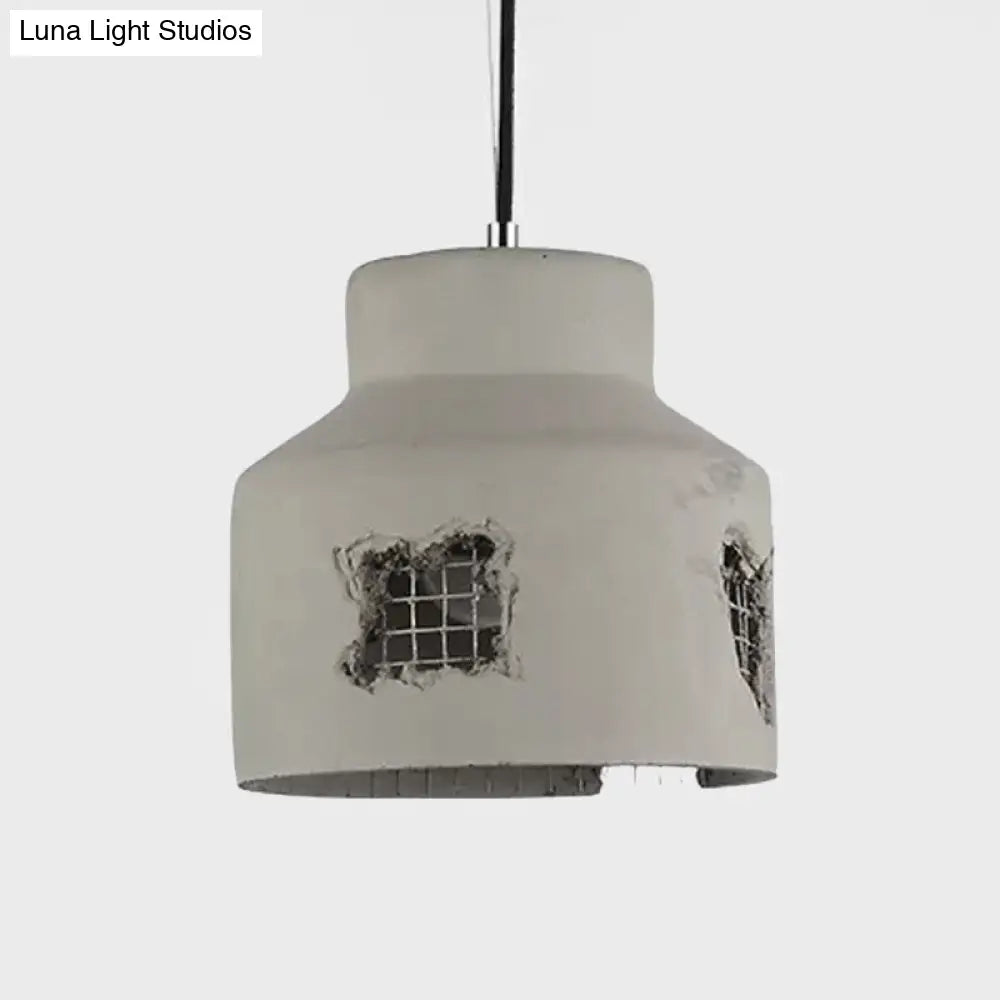 Antiqued Grey Cement Pendant Light Fixture With Hanging Bulb