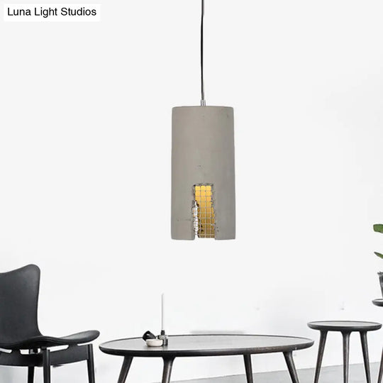 Antiqued Grey Cement Pendant Light Fixture With Hanging Bulb / Cylinder