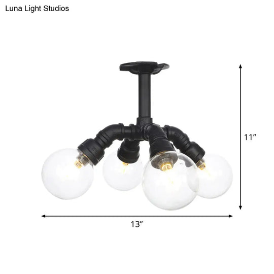 Antiqued Clear Glass Ball Led Semi Flushmount Lighting With 4/5/6 Heads In Black