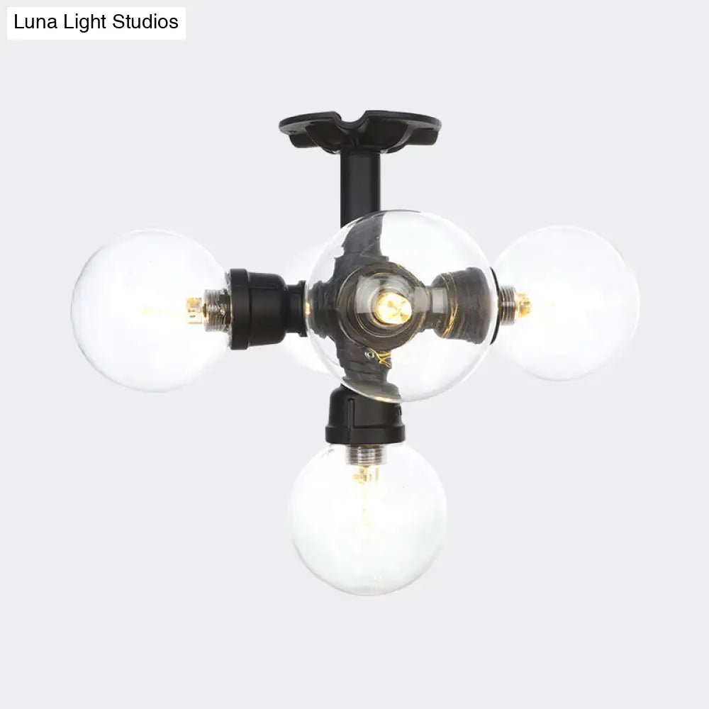 Antiqued Clear Glass Ball Led Semi Flushmount Lighting With 4/5/6 Heads In Black