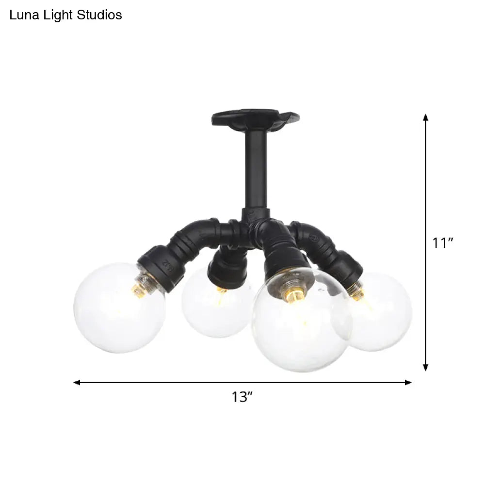 Antiqued Clear Glass Ball Led Semi Flushmount Lighting With 4/5/6 Heads In Black