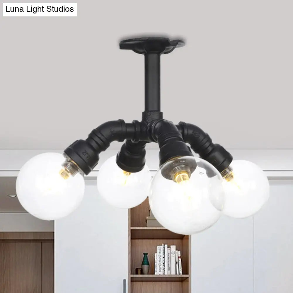 Antiqued Clear Glass Ball Led Semi Flushmount Lighting With 4/5/6 Heads In Black / B