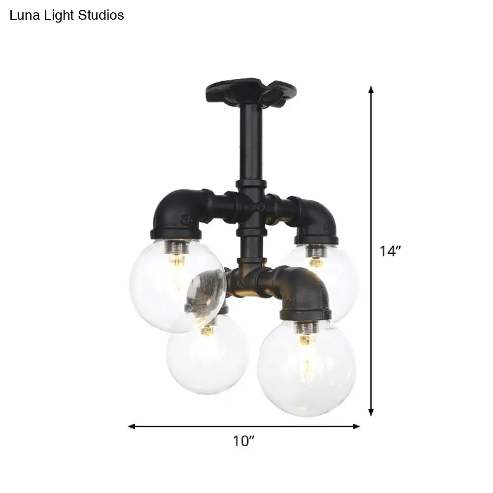 Antiqued Clear Glass Ball Led Semi Flushmount Lighting With 4/5/6 Heads In Black