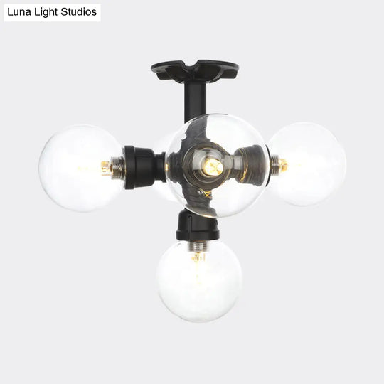 Antiqued Clear Glass Ball Led Semi Flushmount Lighting With 4/5/6 Heads In Black