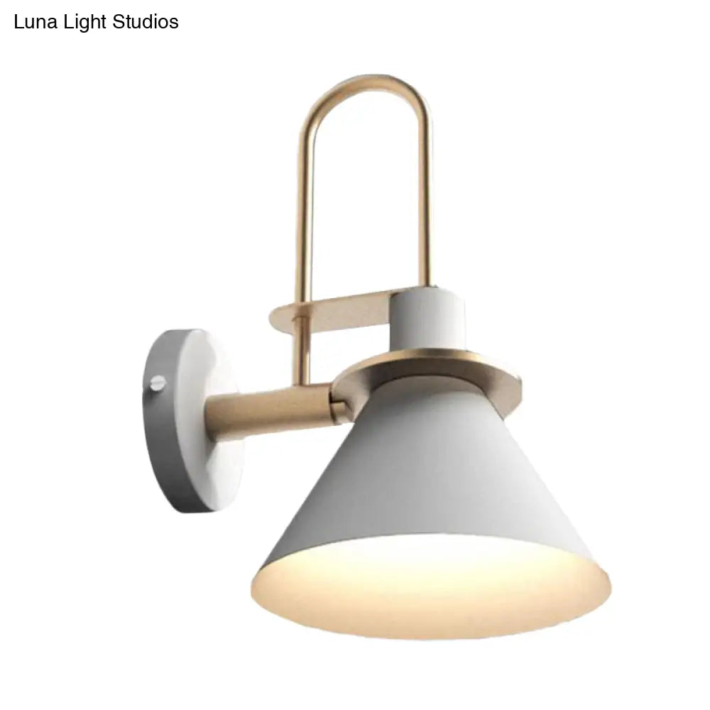 Antiqued Cone Metal Wall Mounted Sconce In White/Black/Green With Handle For Bedside