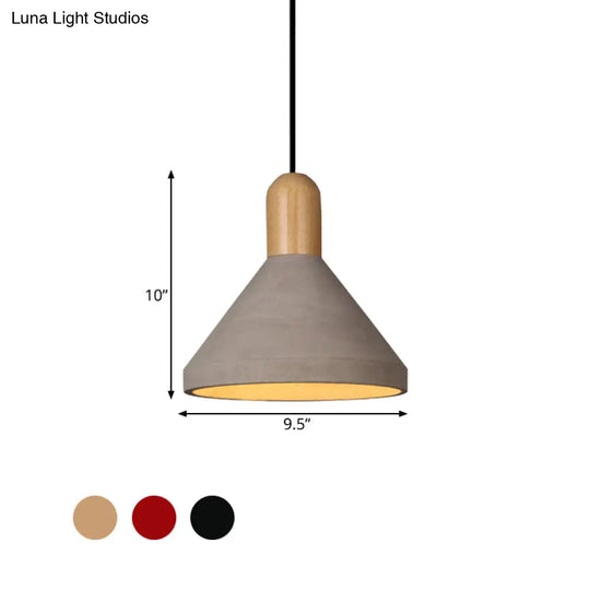 Antiqued Conical Cement Ceiling Light Restaurant Pendant Lamp In Grey With Wood Accents