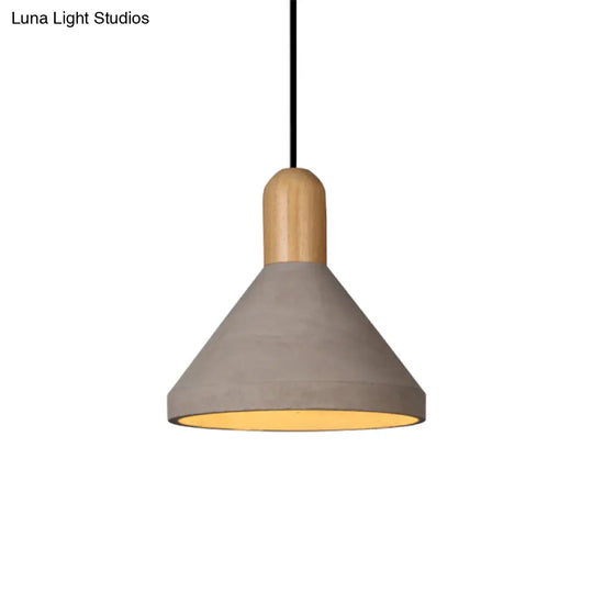 Antiqued Conical Cement Ceiling Light Restaurant Pendant Lamp In Grey With Wood Accents