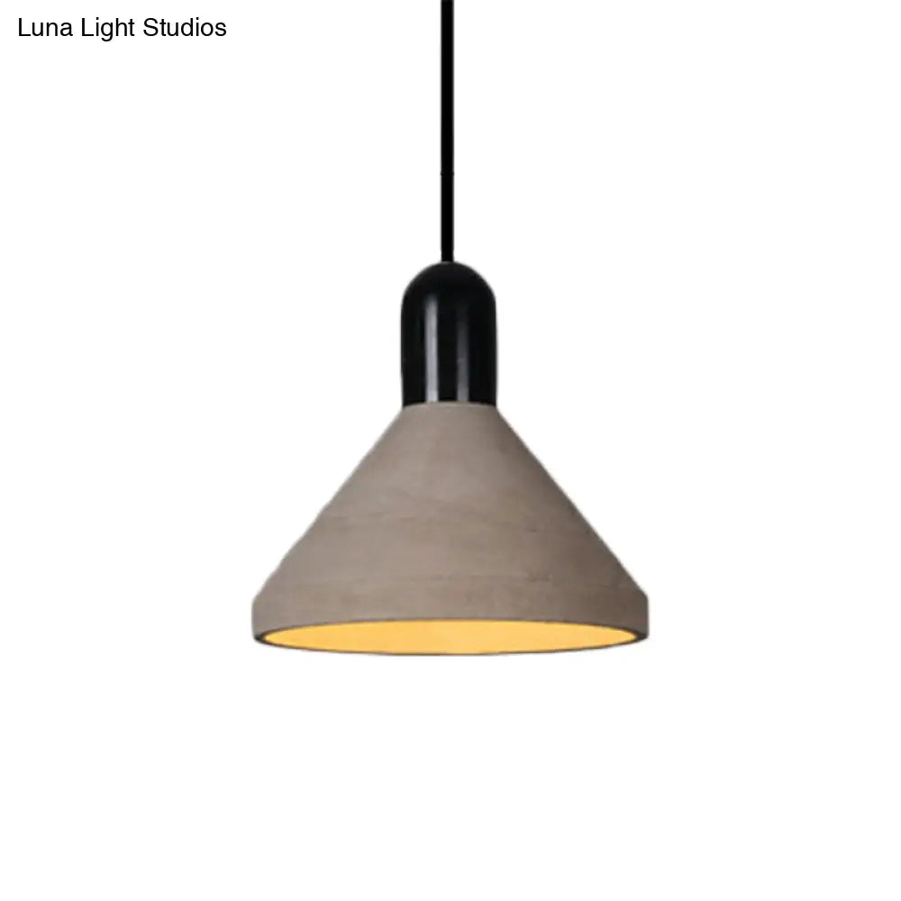 Antiqued Conical Cement Ceiling Light Restaurant Pendant Lamp In Grey With Wood Accents