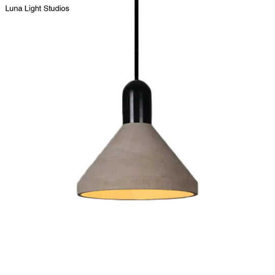 Antiqued Conical Cement Ceiling Light Restaurant Pendant Lamp In Grey With Wood Accents