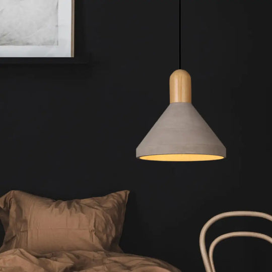 Antiqued Conical Cement Ceiling Light Restaurant Pendant Lamp In Grey With Wood Accents