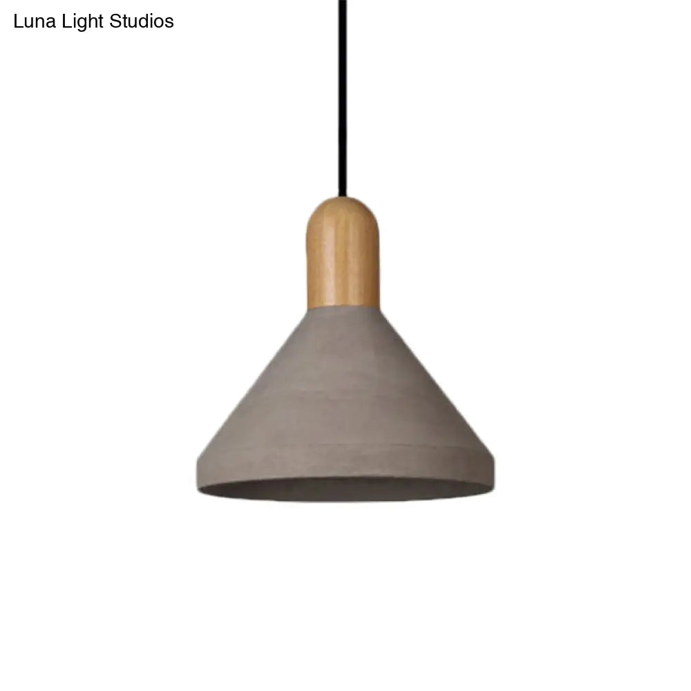 Antiqued Conical Cement Ceiling Light Restaurant Pendant Lamp In Grey With Wood Accents