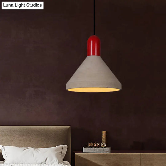 Antiqued Conical Cement Ceiling Light Restaurant Pendant Lamp In Grey With Wood Accents
