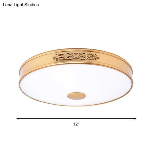 Antiqued Cream Glass Round Flush Mount Led Ceiling Lamp Fixture Gold For Bedroom