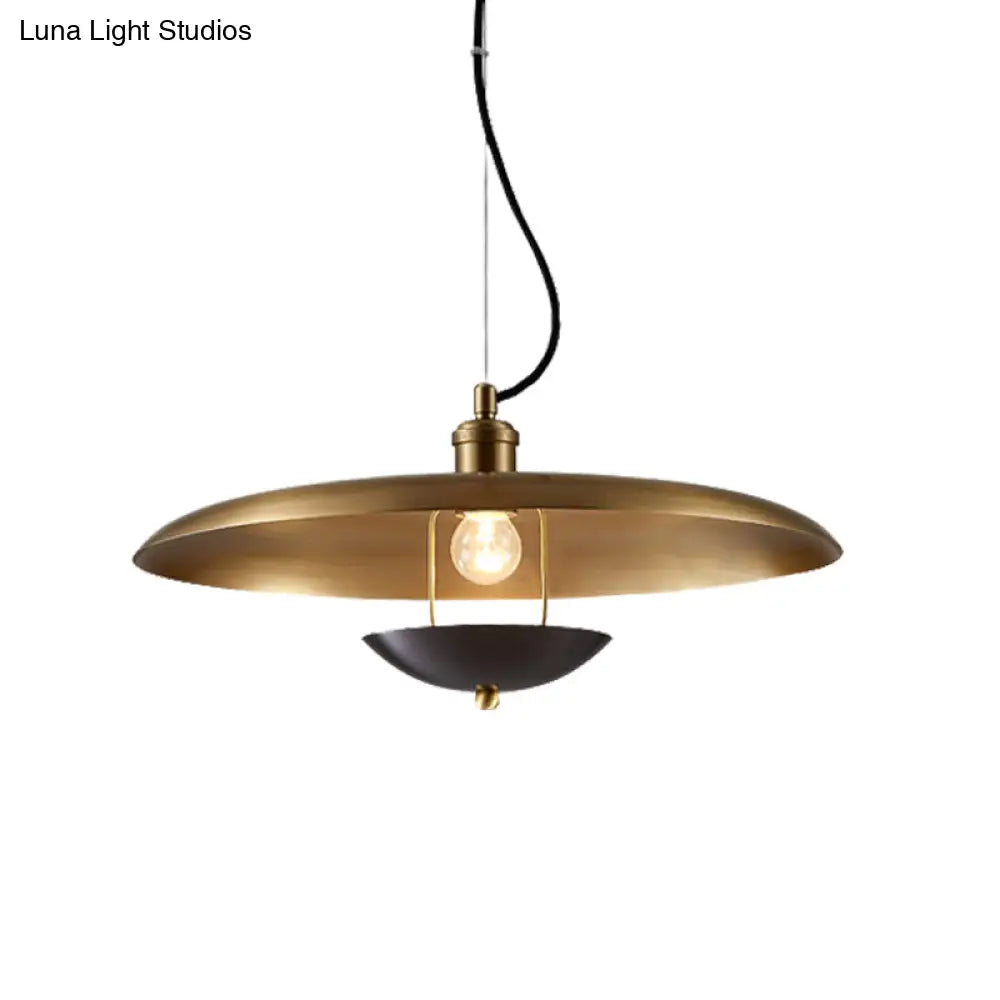 Antiqued Flat Hanging Light - 1-Bulb Metal Ceiling Lamp In Red/Gold With Adjustable Cord