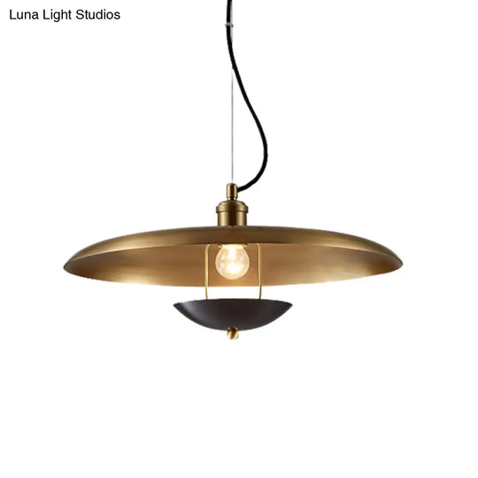 Antiqued Flat Hanging Light - 1-Bulb Metal Ceiling Lamp In Red/Gold With Adjustable Cord