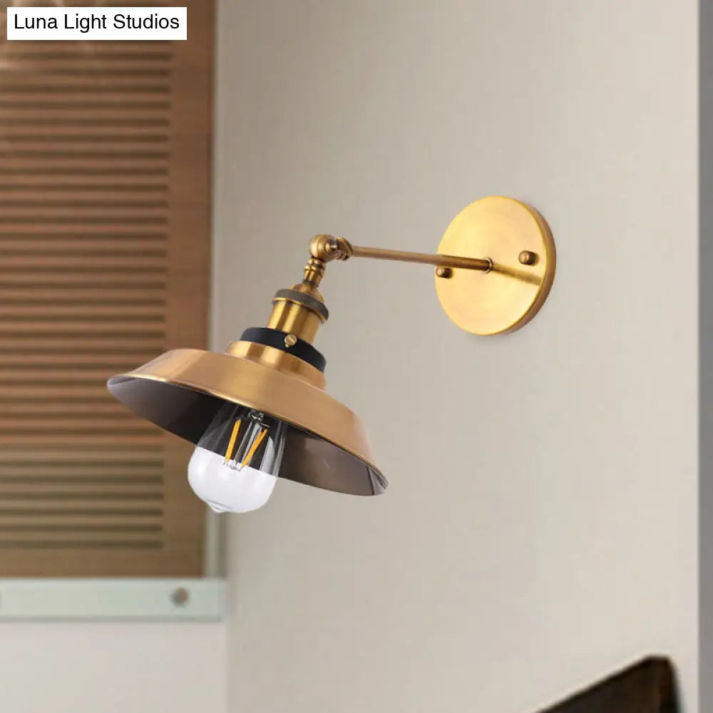 Antiqued Gold Wall Sconce With Adjustable Joint - Vintage Iron Conic/Barn Shade 1 Bulb Light Fixture