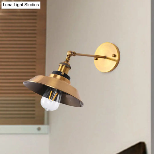Antiqued Gold Wall Sconce With Adjustable Joint - Vintage Iron Conic/Barn Shade 1 Bulb Light Fixture