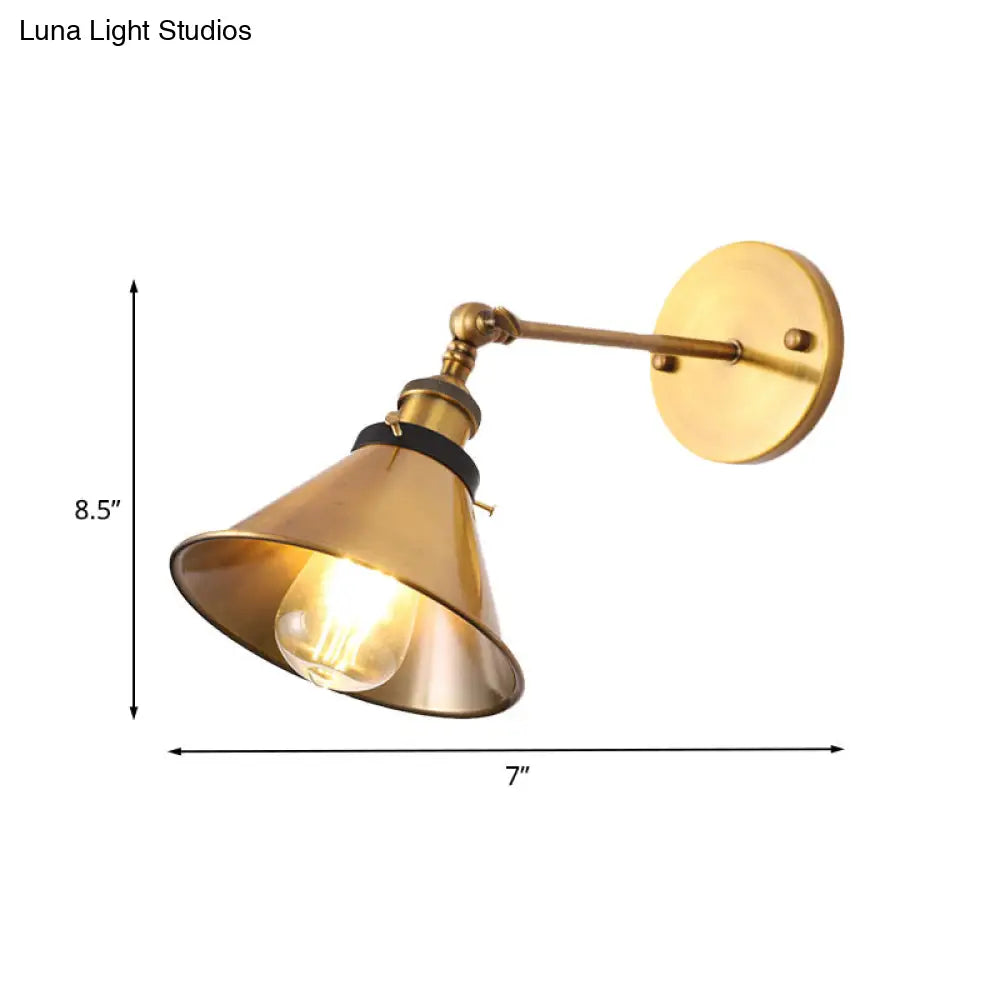 Antiqued Gold Wall Sconce With Adjustable Joint - Vintage Iron Conic/Barn Shade 1 Bulb Light Fixture