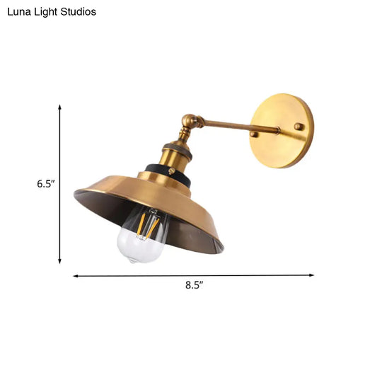 Antiqued Gold Wall Sconce With Adjustable Joint - Vintage Iron Conic/Barn Shade 1 Bulb Light Fixture
