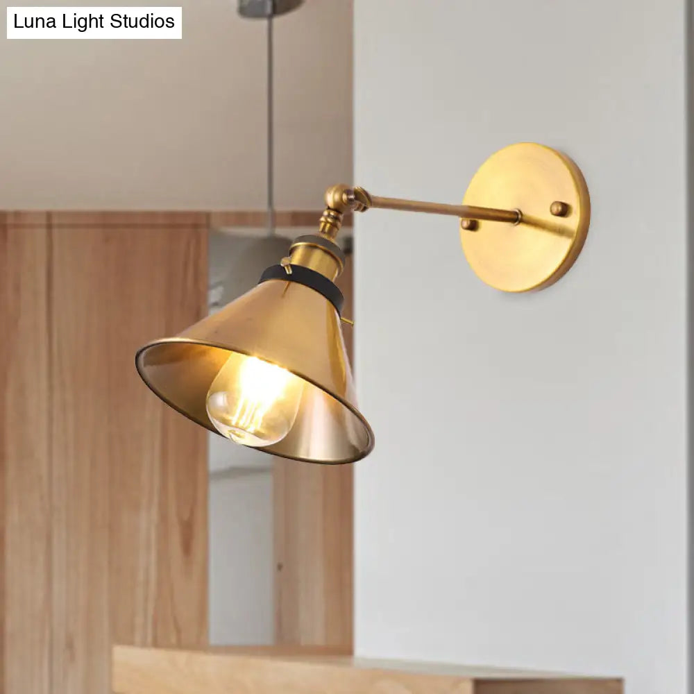 Antiqued Gold Wall Sconce With Adjustable Joint - Vintage Iron Conic/Barn Shade 1 Bulb Light Fixture