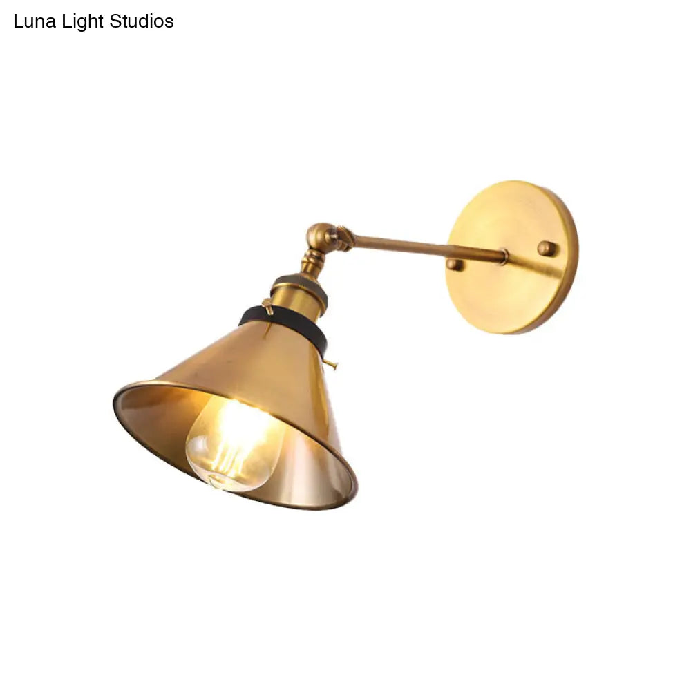 Antiqued Gold Wall Sconce With Adjustable Joint - Vintage Iron Conic/Barn Shade 1 Bulb Light Fixture