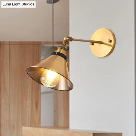 Antiqued Gold Wall Sconce With Adjustable Joint - Vintage Iron Conic/Barn Shade 1 Bulb Light Fixture