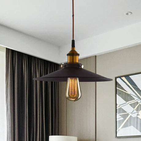 Antiqued Metal Pendant Light With Pulley And Flare Design For Living Room Ceiling - Black