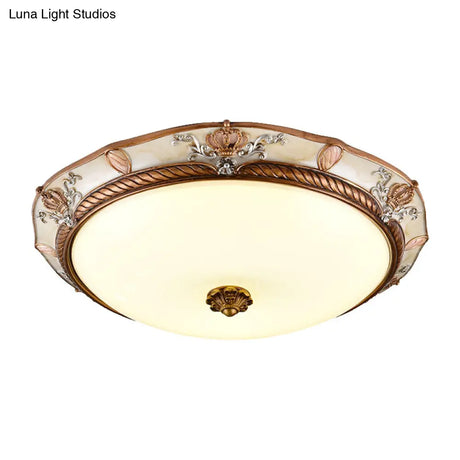 Antiqued Milk Glass Led Flushmount Lamp For Living Room Brown Cap Shape Ceiling Fixture -
