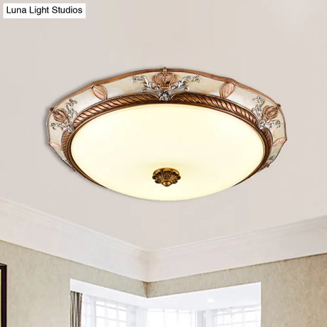 Antiqued Milk Glass Led Flushmount Lamp For Living Room Brown Cap Shape Ceiling Fixture -