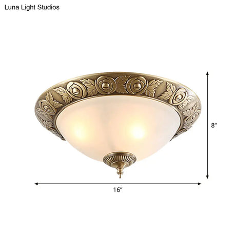 Antiqued Milky Glass Bedroom Ceiling Light With Brass Flush Mount - 2/3 - Head Available In 12’