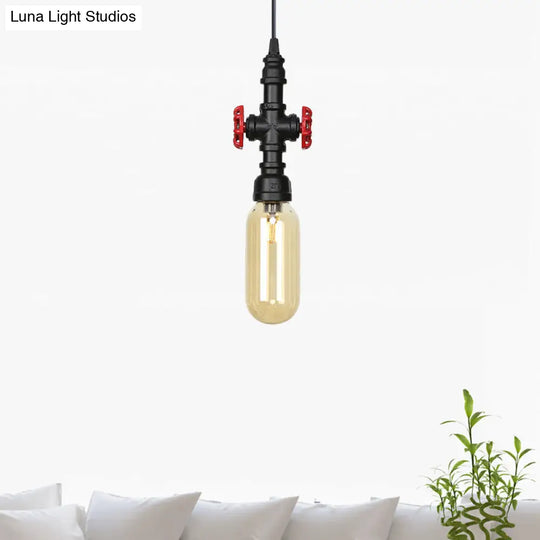 Antiqued Pipe Metal Led Ceiling Light With Amber Glass Shade - Black