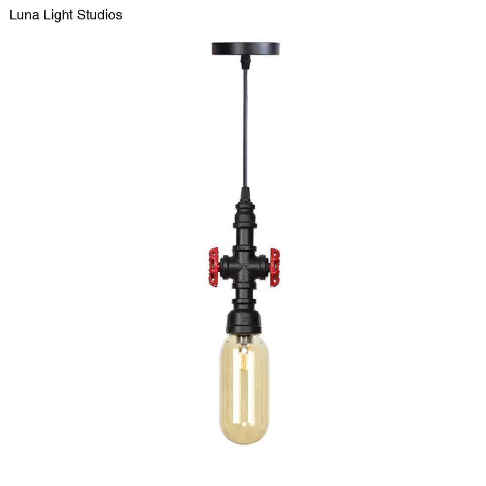 Antiqued Pipe Metal Led Ceiling Light With Amber Glass Shade - Black