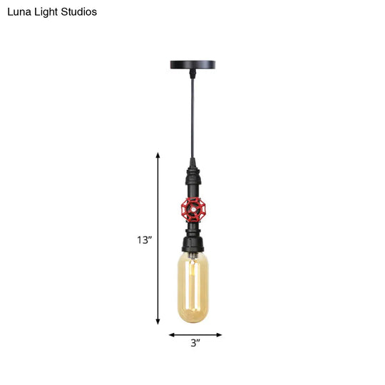 Antiqued Pipe Metal Led Ceiling Light With Amber Glass Shade - Black