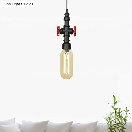 Antiqued Pipe Metal Led Ceiling Light With Amber Glass Shade - Black