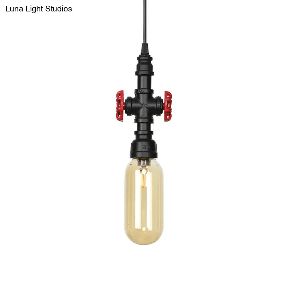 Antiqued Pipe Metal Led Ceiling Light With Amber Glass Shade - Black